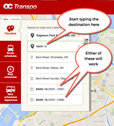 Using the OC Transpo trip planner